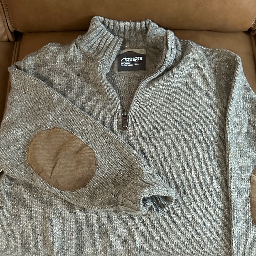 Mountain Khakis Gray Zip-Up Sweater with Tan Elbow Patches